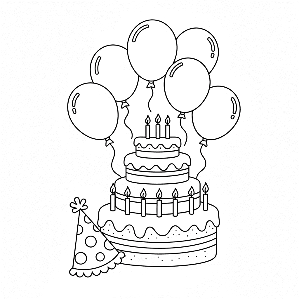 Line-art birthday cake coloring page, made from a photo