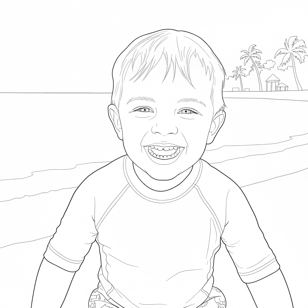 The same child turned into a line-art coloring page