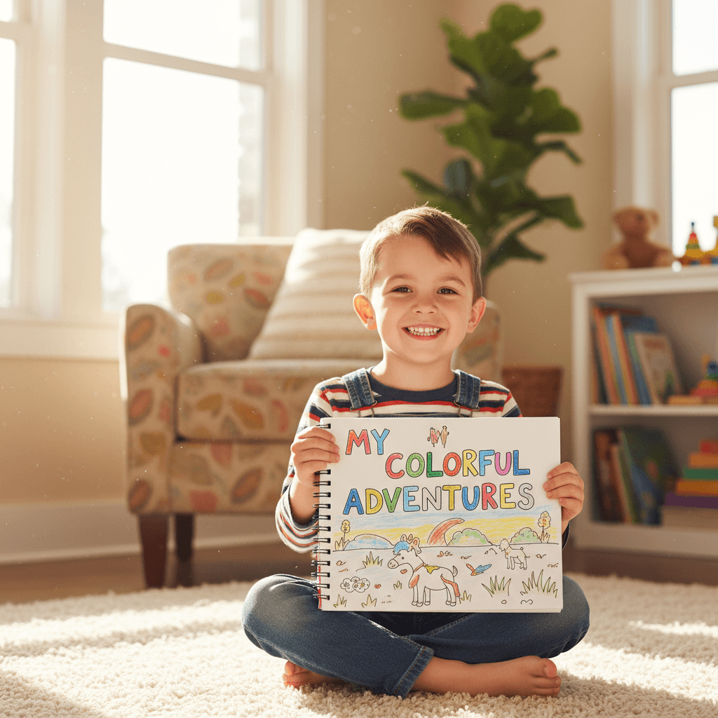 A child proudly holding their finished personalized coloring book
